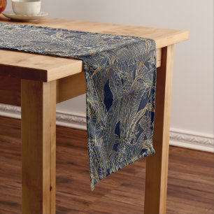 Modern Blue Gold Foliage Plant Botanical Design Short Table Runner