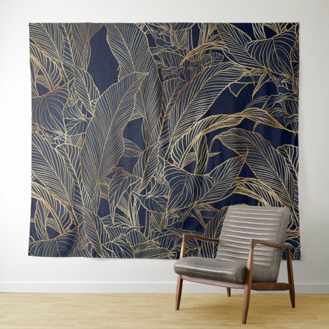 Modern Blue Gold Foliage Plant Botanical Design Tapestry (In Situ (Horizontal))