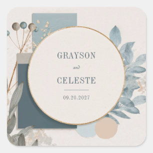 Modern Blue Gold Geometric Botanical Wedding Square Sticker