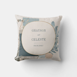 Modern Blue Gold Geometric Botanical Wedding Throw Pillow
