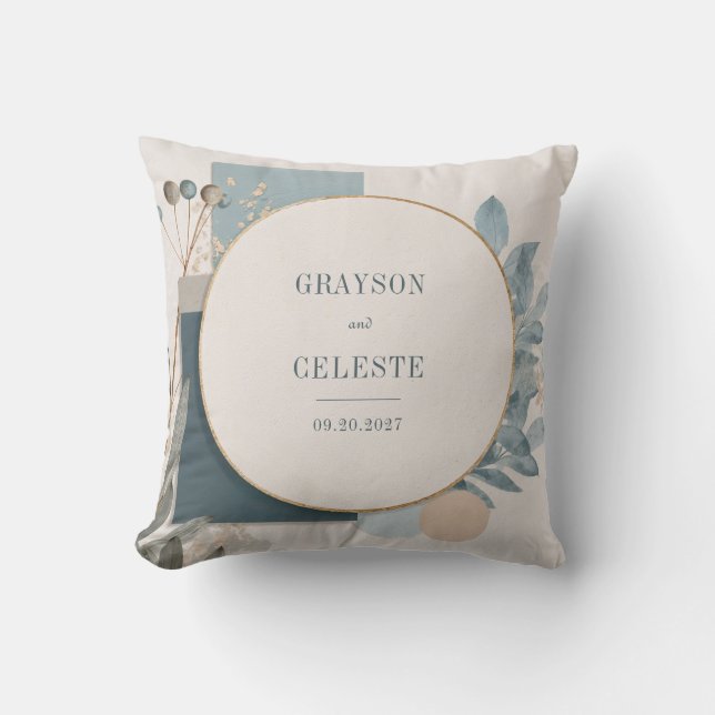 Modern Blue Gold Geometric Botanical Wedding Throw Pillow (Front)