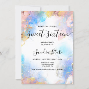 Modern Blue Gold Girly Trendy Sweet 16 Invitation