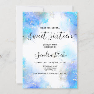 Modern Blue Gold Girly Trendy Sweet 16 Invitation