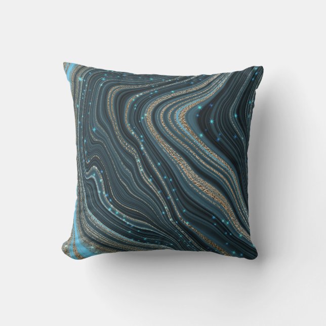 Modern Blue Gold Glitter Agate Watercolor  Throw Pillow (Front)