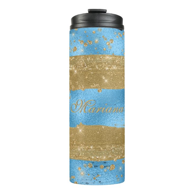 Modern Blue Gold Glitter Script Name Thermal Tumbler (Front)