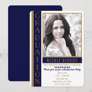 Modern Blue Gold Graduation Party Graduate Photo Invitation