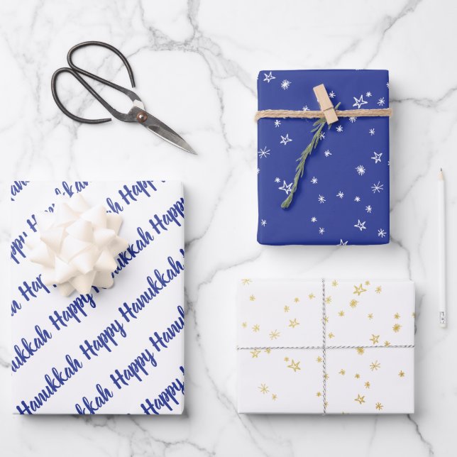 Modern Blue & Gold Happy Hanukkah Stars Wrapping Paper Sheet (Front)