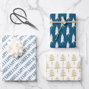 Modern Blue & Gold Happy Hanukkah Trees Wrapping Paper Sheet