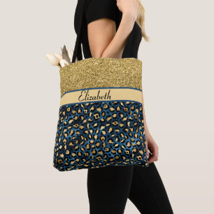 Modern Blue Gold Leopard Glitter Personalized Tote Bag