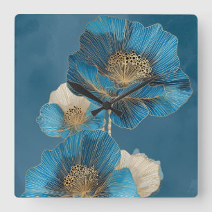 Modern Blue Gold Line Art Poppy Botanical Square Wall Clock