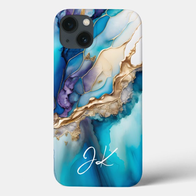 Modern Blue Gold Marble Monogram Personalized Case-Mate iPhone Case (Back)