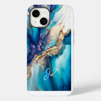 Modern Blue Gold Marble Monogram Personalized