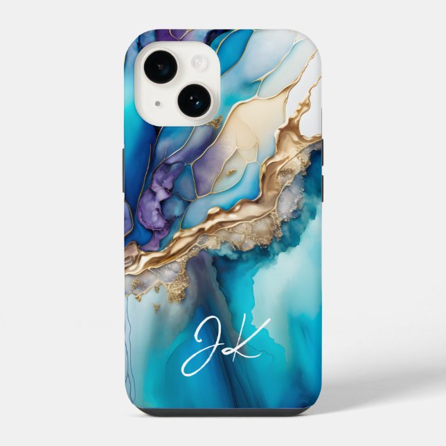 Modern Blue Gold Marble Monogram Personalized iPhone Case (Back)