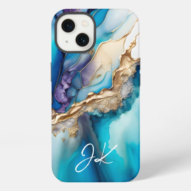 Modern Blue Gold Marble Monogram Personalized iPhone Case (Back)