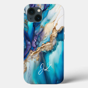 Modern Blue Gold Marble Monogram Personalized iPhone 13 Case