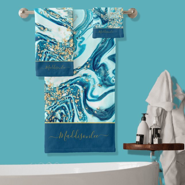 Modern Blue Gold  Marble Ocean Monogram Name Bath  Bath Towel Set (Creator Uploaded)