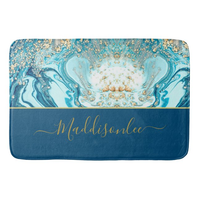 Modern Blue Gold Marble Ocean Watercolor  Name Bath Mat (Front)