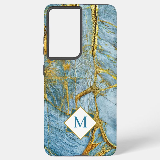 Modern Blue gold marble textured Monogram Samsung Galaxy S21 Ultra Case (Back)
