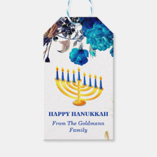 Modern Blue  & Gold Menorah Happy  Hanukkah Gift Tags