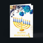 Modern Blue  & Gold Menorah Happy  Hanukkah   Holi Holiday Card<br><div class="desc">Modern Blue & Gold Menorah Happy Hanukkah Holiday Card features  white  background blue & gold roses & Hanukkah candles.The inside of the card has a personal message template.Please click on personalize button to customize it with your own text.</div>