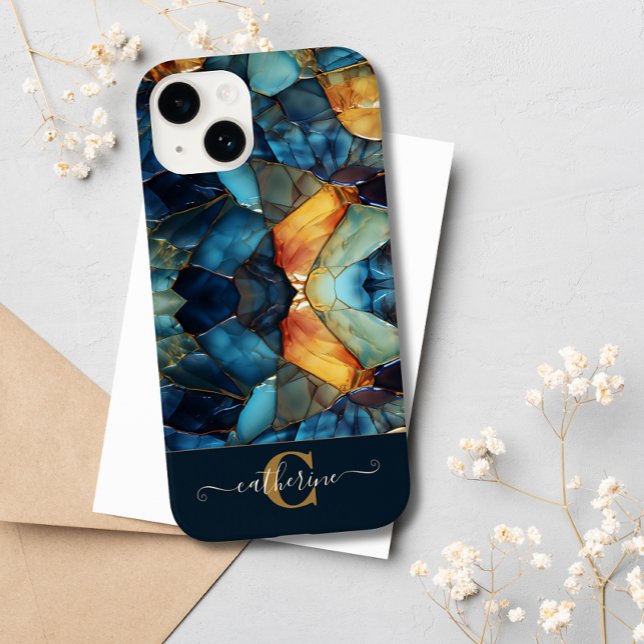Modern Blue Gold Mosaic Stained Glass Monogrammed Case-Mate iPhone Case (Creator Uploaded)