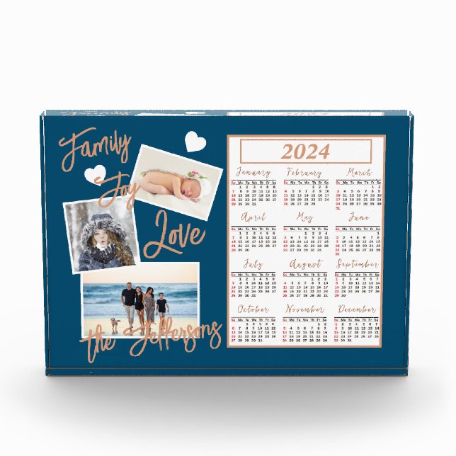Modern Blue & Gold New Year Calendar Photo Block (Front)