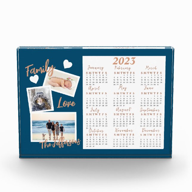 Modern Blue & Gold New Year Calendar Photo Block (Front)