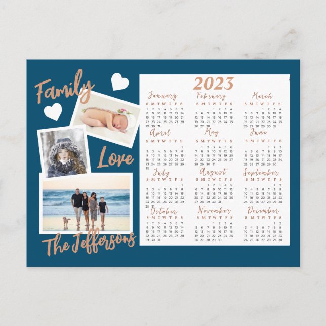 Modern Blue & Gold New Year Calendar Photo  Postcard (Front)