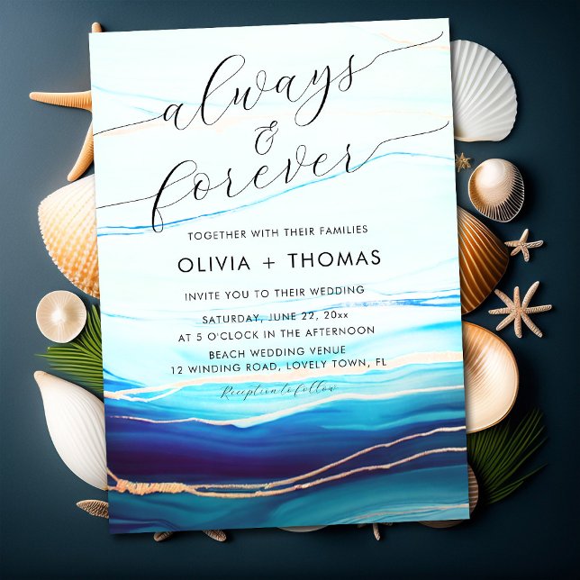 Modern Blue Gold Ocean Wave Always Forever Wedding Invitation (Creator Uploaded)