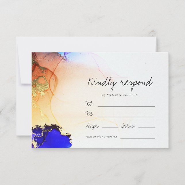 Modern Blue Gold Orange Alcohol Ink Wedding RSVP Card (Front)
