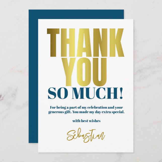 Modern Blue Gold Party Thank You Card (Front/Back)