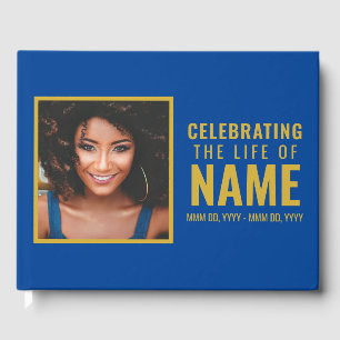 Modern Blue Gold Photo Celebration of Life Guest Book