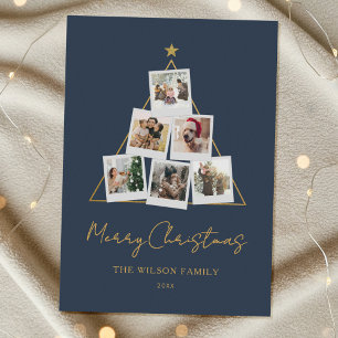 Modern Blue Gold Photo Collage Christmas Holiday Card