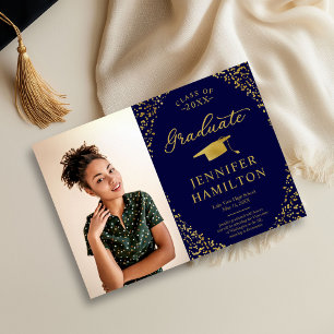 Modern Blue Gold Photo Graduation Announcement