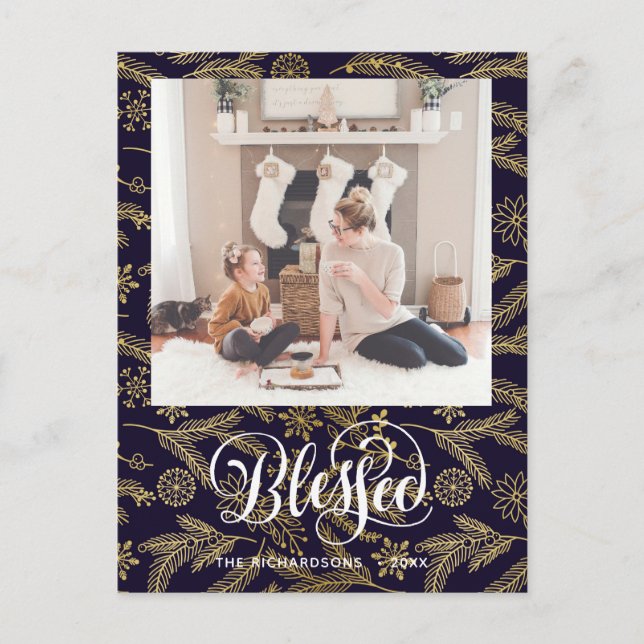 Modern Blue Gold Pine Bough Elegant Script BLESSED Postcard (Front)
