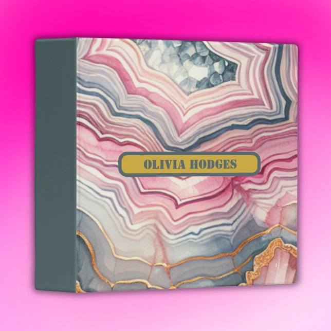 Modern Blue Gold Pink Agate Geode Monogram |  Binder (Creator Uploaded)