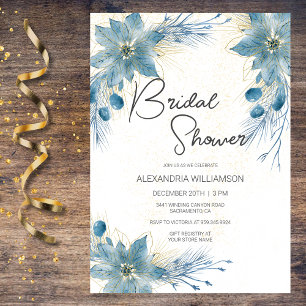 Modern Blue & Gold Poinsettia Bridal Shower  Invitation