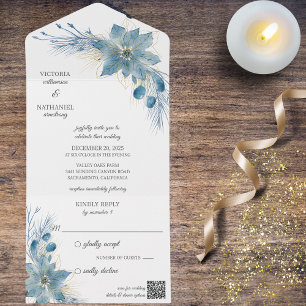 Modern Blue & Gold Poinsettia on White QR Code All In One Invitation