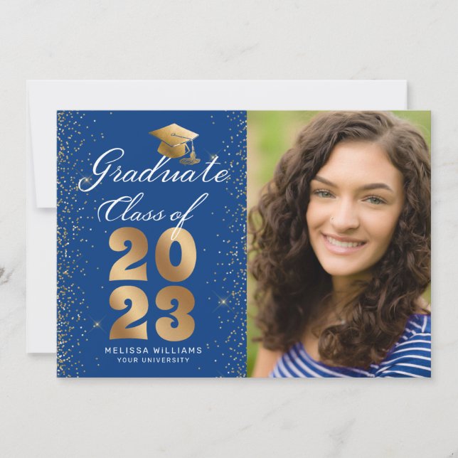 Modern Blue Gold Script Cap Glitter Photo Grad Announcement (Front)