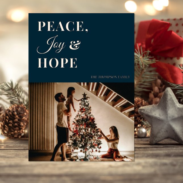 Modern Blue Gold Script Peace Joy Hope Photo Foil Holiday Card (Creator Uploaded)