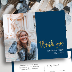 Modern Blue Gold Script Photo Graduation Thank You Postcard