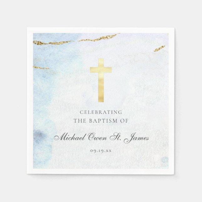 Modern Blue Gold Signature Baptism Christening Napkin (Front)