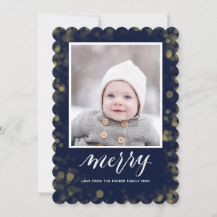 Modern Blue Gold Snowflakes Bokeh Minimalist Photo Holiday Card