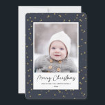 Modern Blue Gold Star Bokeh Overlay Minimalist  Holiday Card<br><div class="desc">Send customizable and personalized holiday greetings to friends, colleagues and family in simple, minimalist, elegant, fun, festive and modern photo cards! A beautiful frame of variety of gold winter stars on navy blue sky background surrounds your photo on round edge paper. The greeting " Merry Christmas " is written in...</div>