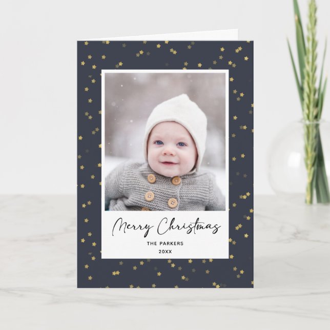 Modern Blue Gold Star Bokeh Overlay Minimalist  Holiday Card (Front)
