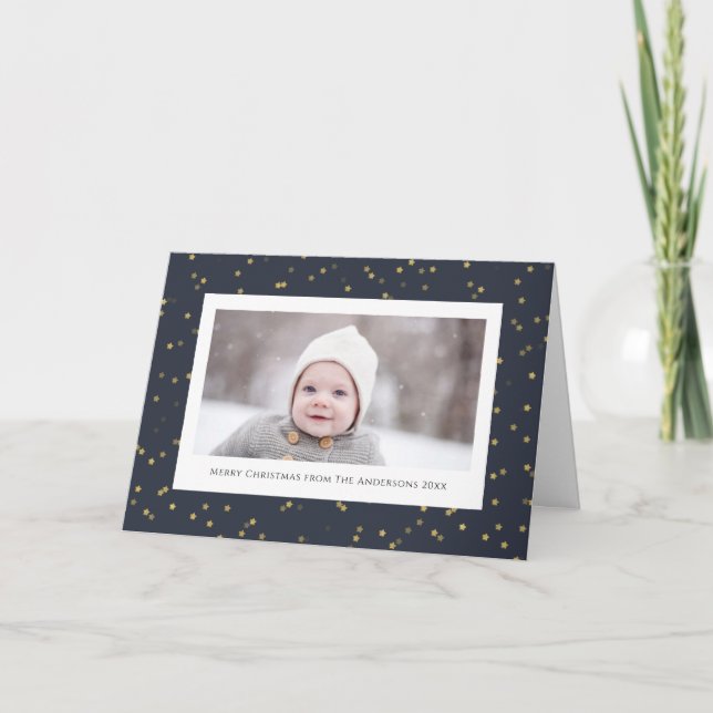 Modern Blue Gold Star Bokeh Overlay Minimalist  Holiday Card (Front)