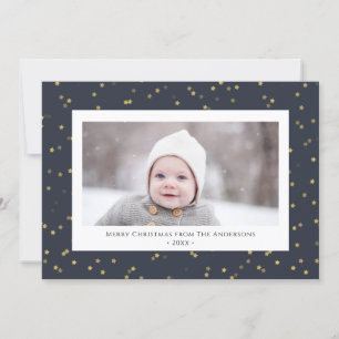 Modern Blue Gold Star Bokeh Overlay Minimalist Holiday Card