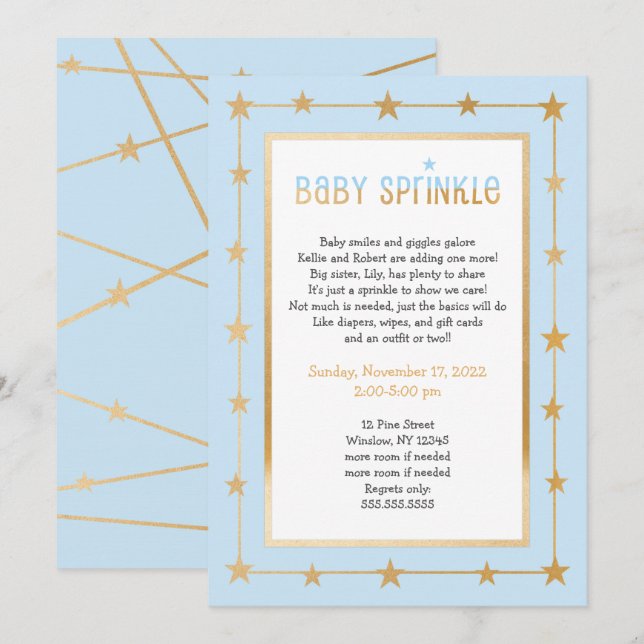 Modern Blue Gold Stars boy baby sprinkle invite (Front/Back)