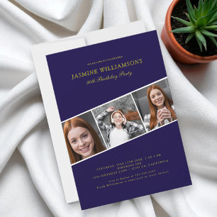 Modern blue gold three photo collage birthday invitation