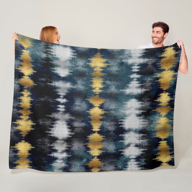 Modern Blue Gold Tie Dye Painting Abstract Fleece Blanket (In Situ)